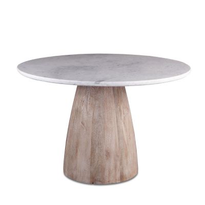 48" Round Dining Table White Marble with Modern Whitewash Mango Wood Base