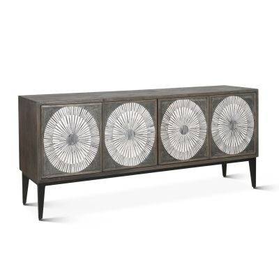 Jaipur Palm Springs 67" Sideboard with radial horn inlay doors, gray wash finish, and black legs. Stylish and sustainable storage for modern interiors.