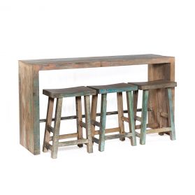 Ibiza 66" Reclaimed Wood Sofa Back Console Table with Stools Vintage Teal
