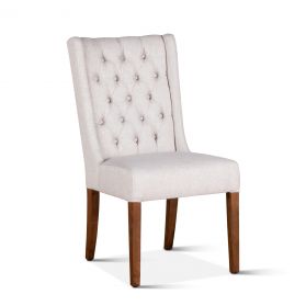 Lara 20" Upholstered Tufted Off-White Linen Dining Chair Natural Teak Legs