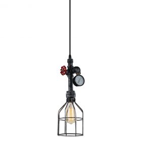 Luminaire Industrial Black Cage Pendant with Gauge