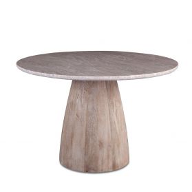 48" Round Dining Table Taupe Marble with Modern Whitewash Mango Wood Base