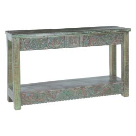 Hand Carved Wood Console Table with Bottom Shelf