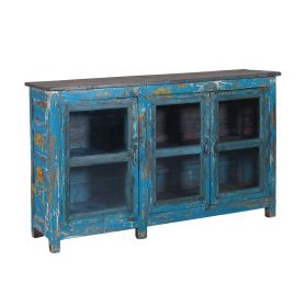 Blue Teak Sideboard With 3 Glass Doors
