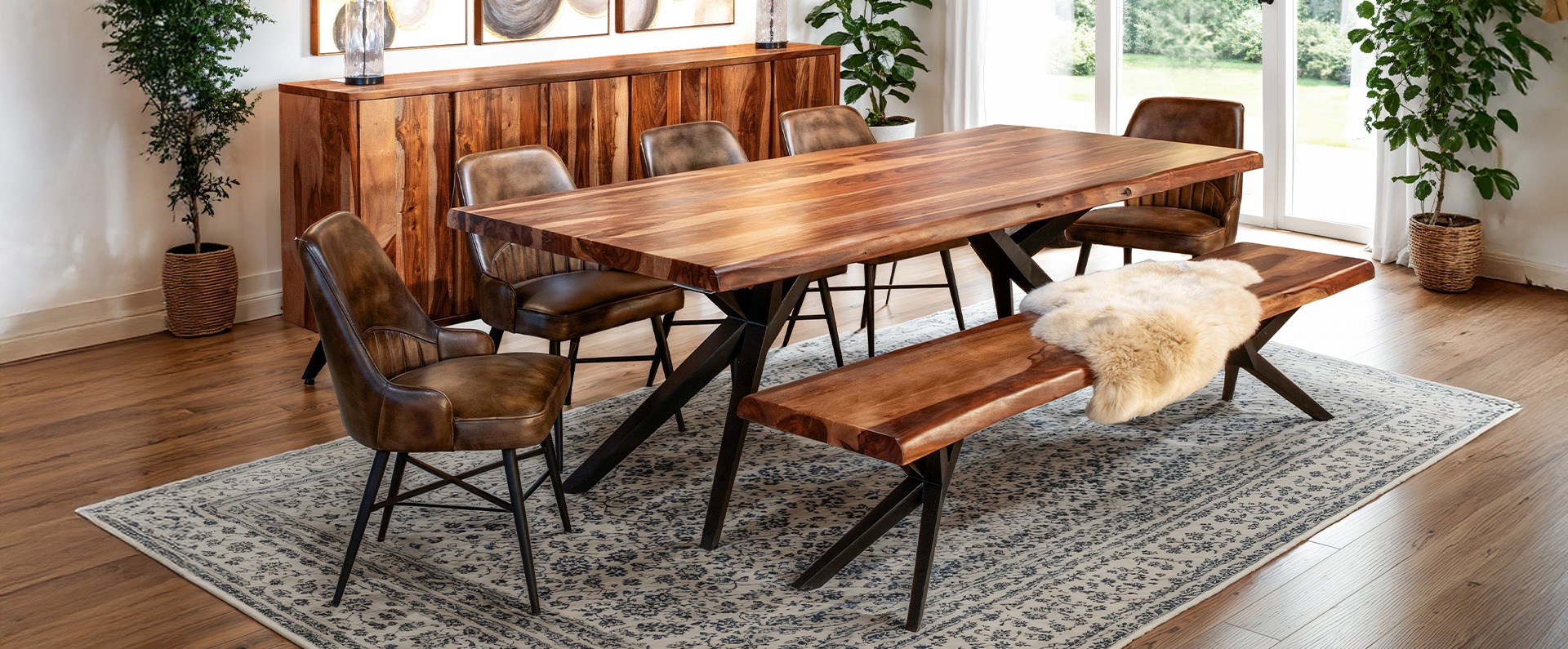 Austin Loft Wood and Iron Dining Table and Bench in intimate dining room scene