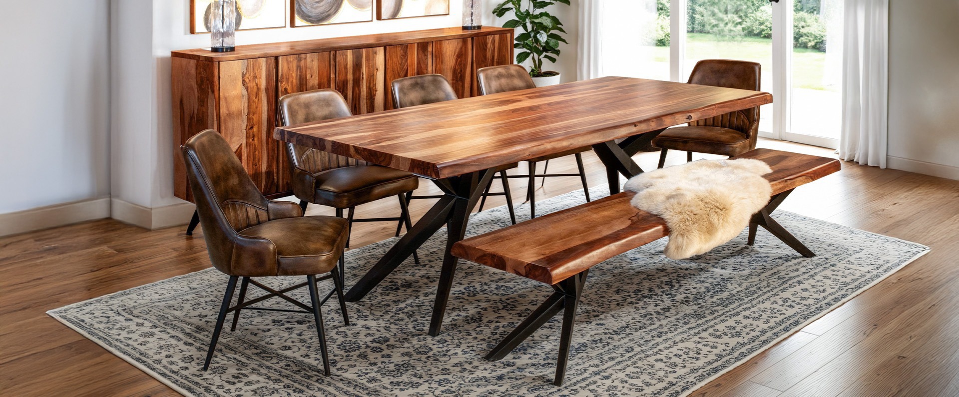 Austin Loft Wood and Iron Dining Table and Bench in intimate dining room scene