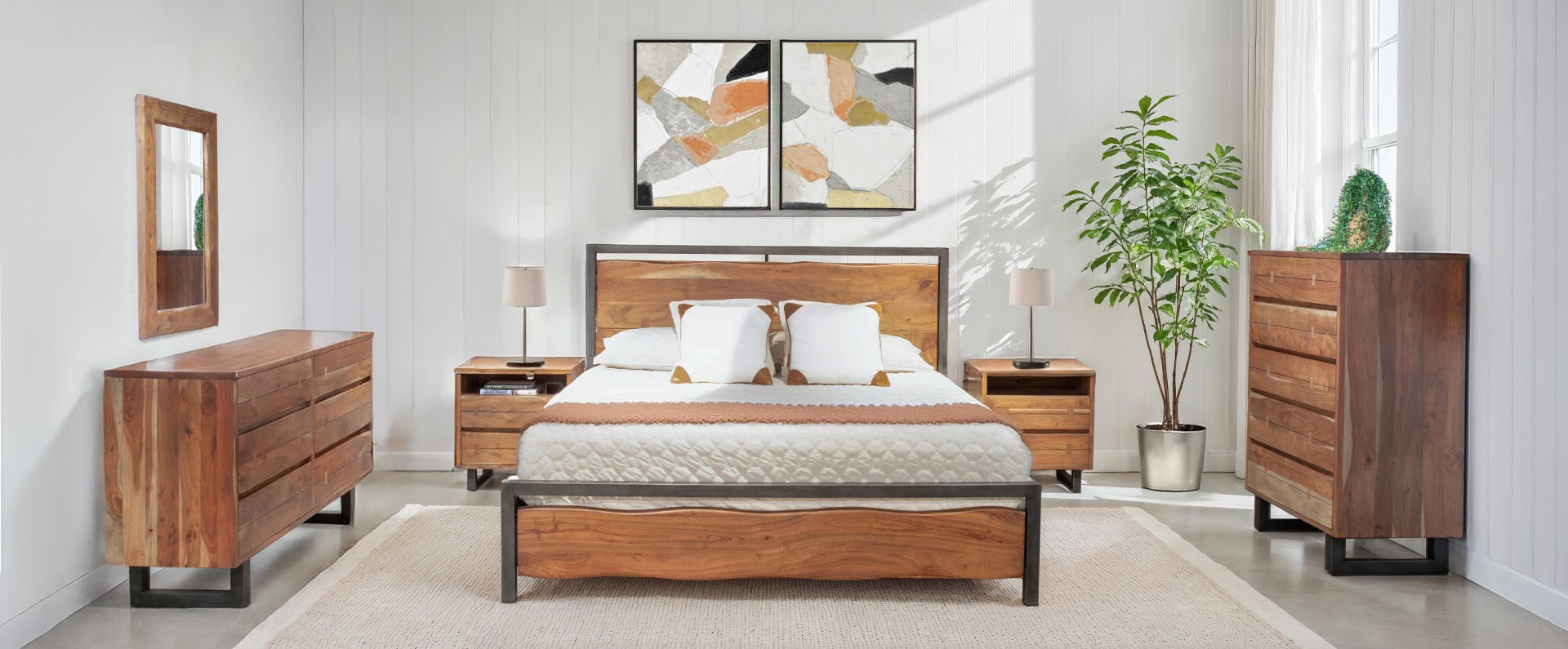 Aspen Wood and Iron Bedroom Collection shown with a bed dresser and nightstand in Smoked Acacia finish in a bedroom scene