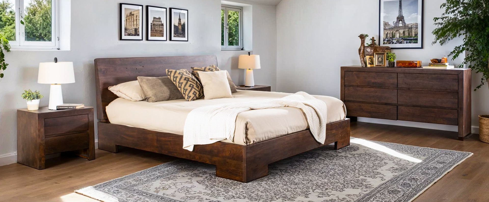 Piedmont Wood Bedroom Collection in Coffee Bean Finish in a bedroom room scene 