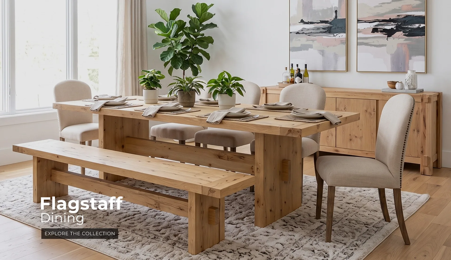 Flagstaff Dining Collection in light finish with dining table, upholstered chairs and bench in a bright dining room scene.