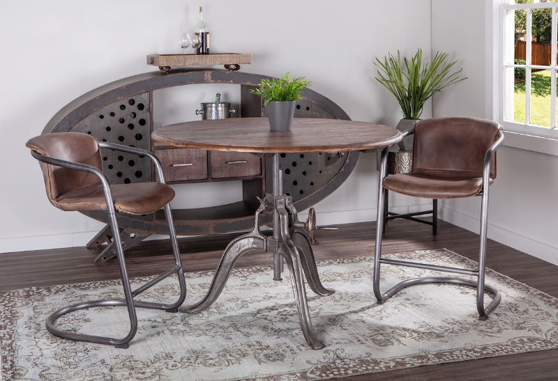 The Artezia Industrial Crank Table, paired with Chiavari Industrial Chairs